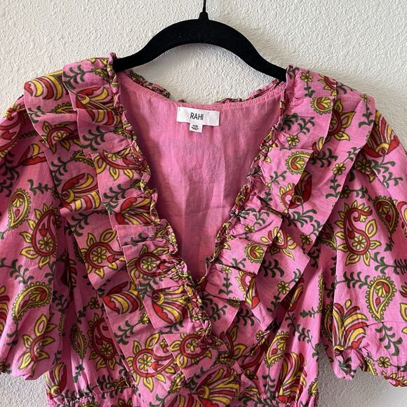 Rahi Mini Dress Sz XS Amber Dress Floral Print Puff Sleeve Ruffle Romantic Boho - Picture 4 of 16